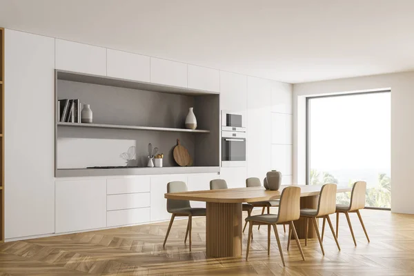 White Kitchen Room Table Six Chairs Side View Parquet Floor — Fotografia de Stock