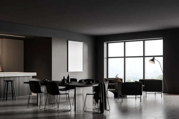 现代厨房的角落 有白色和灰色的墙壁 石板地板 有椅子的长餐桌 有凳子和橱柜的酒吧 大窗和模拟海报 3D渲染 — 图库照片