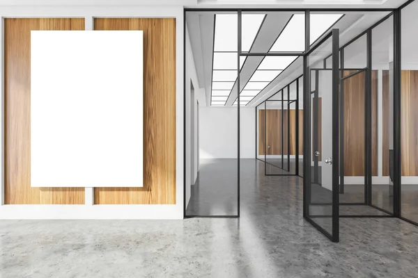 Office hall interior with grey floor, one mockup canvas banner on wooden wall. Office room with long corridor and glass door in business building, 3D rendering
