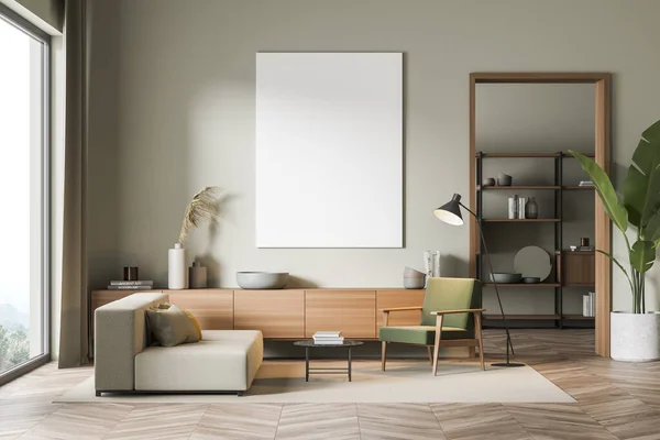 Modern Living Room Interior Couch Seat Wooden Drawer Parquet Floor — Fotografia de Stock