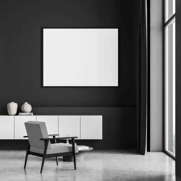 现代客厅室内装饰风格华丽的丑闻 配有设计扶手椅 白色模型框架招贴画 木制凳子 混凝土地板 全景窗 没有人 3D渲染 — 图库照片