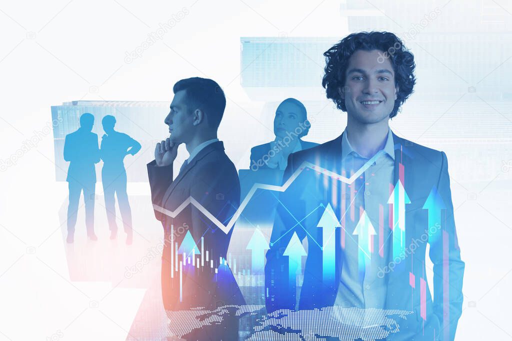 Office woman with laptop and man smiling face, bar chart with rising arrows, earth map hologram, office buildings, double exposure. Concept of success and financial company