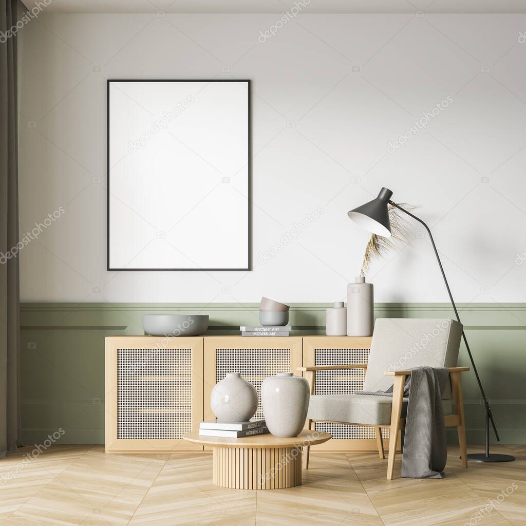 Green and white art room interior with grey armchair and wooden commode, books and vase on parquet floor. One blank frame copy space on wall, 3D rendering