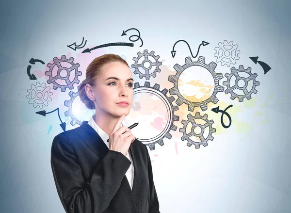 Attractive Businesswoman Wearing Black Suit Holding Pen Nearby Chin Thinking — Foto Stock