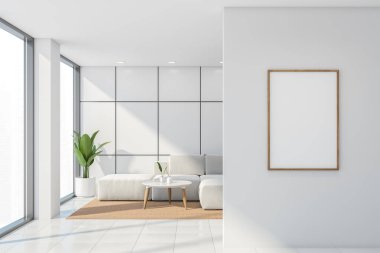 Boş maket posteri, beyaz duvarlı alanı saptırmak. Kahve masalı kanepe, panoramik pencerenin karşısında duruyor. Beyaz karo iç döşeme. 3d oluşturma