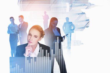 Soyut ofiste çalışan iş adamlarının iki katına çıkarılması. İş kadını el ele tutuşup gelecekteki bakış açılarını hayal ediyor. Bar çizelgeleri, iş arkadaşları siluetleri. New York geçmişi