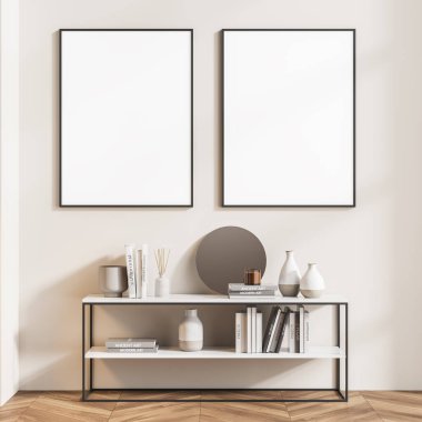 Bej duvarda iki boş poster ve siyah beyaz kitaplık var. İç malzemeler. Parke döşeme. 3d oluşturma