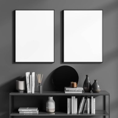İki boş maket poster ve içinde vazolar, kitaplar ve gri duvardaki diğer eşyalar olan düşük kitaplık. Oturma odasının içi. Beton döşeme. 3d oluşturma
