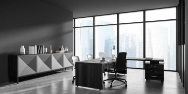Panoramik koyu gri ofisin köşesinde büfe, geniş masa, çekmece ve üç ofis sandalyesi var. Ofis dolabı. Beton döşeme. 3d oluşturma