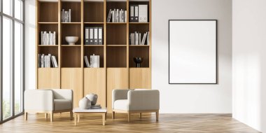Panoramik ofisin iç tarafındaki bej duvarda boş bir poster var. Ahşap kitap dolabı. İki bej koltuk ve sehpa, hepsi de tahta bacaklı. Parke zemin. 3d oluşturma