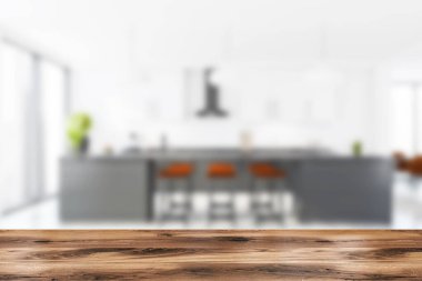 Ticari amaçlar için gösteri yeri. Beyaz ve gri arka plan bulanık. Modern panoramik stüdyoda mutfak masası ve turuncu bar tabureleri. Model yap. 3d oluşturma