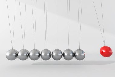 Newton denge topları. Yedi top, gri çelikten yapılmış, ve kenarı kırmızı renkli, ince başlıklı tellerde asılı, itildiğinde hareket etmeye başlayabiliyor. 3d oluşturma