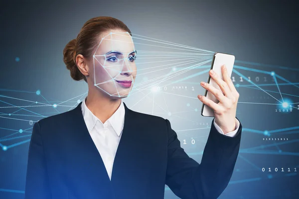 Деловая Женщина Официальном Костюме Проверяет Свои Личные Данные Сканирую Лицо — стоковое фото