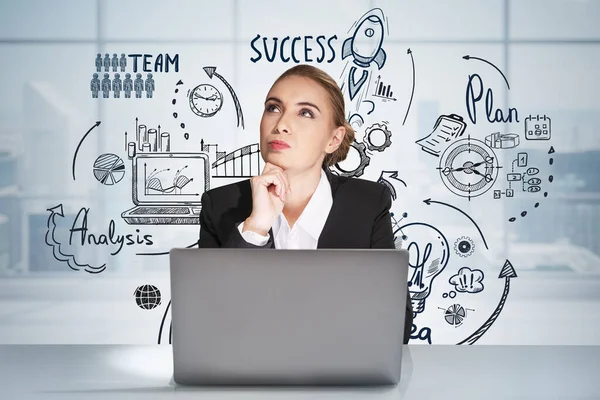 Thoughtful Business Woman Suit Sitting Desk Front Laptop Pondering Career — Stock fotografie