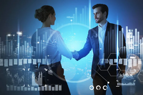 Concept of partnership. Businessman and businesswoman handshake over forex chart and night Singapore cityscape. Capital and Stock market transaction. Double exposure. Digital interface and graphs