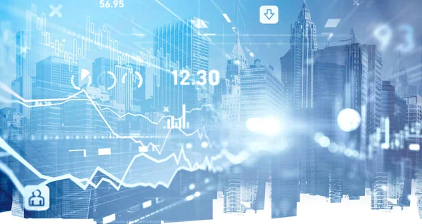 Financial charts and quotes over panoramic New York city view. The concept of international consulting at NYC. Hologram lines and numbers. 3D render