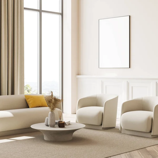 Corner Modernes Interieur Des Beigen Wohnzimmers Mit Panoramablick Sofa Zwei — Stockfoto