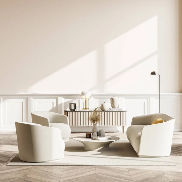 Beige Wohnzimmer Modernes Interieur Mit Dem Sideboard Hintergrund Zwei Sesseln — Stockfoto