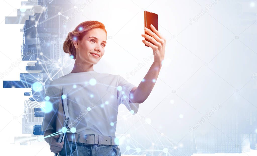 Businesswoman in casual t-shirt using smartphone, to communicate with business colleagues on the distance, double exposure. Hologram digital interface with connected elements. Network and cityscape