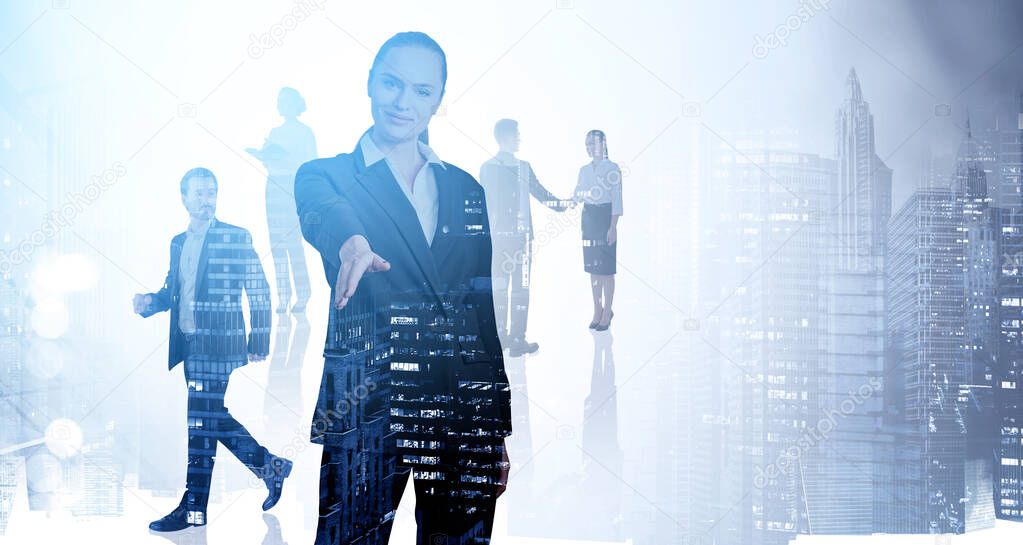 Attractive business woman in formal suit holds out her hand for a handshake. Looking for solutions, New York skyscrapers city view. Silhouettes of businesspeople. Double exposure