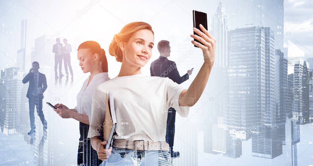Businesswoman in casual t-shirt using smartphone, to communicate with business colleagues on the distance, double exposure. New York skyscrapers background