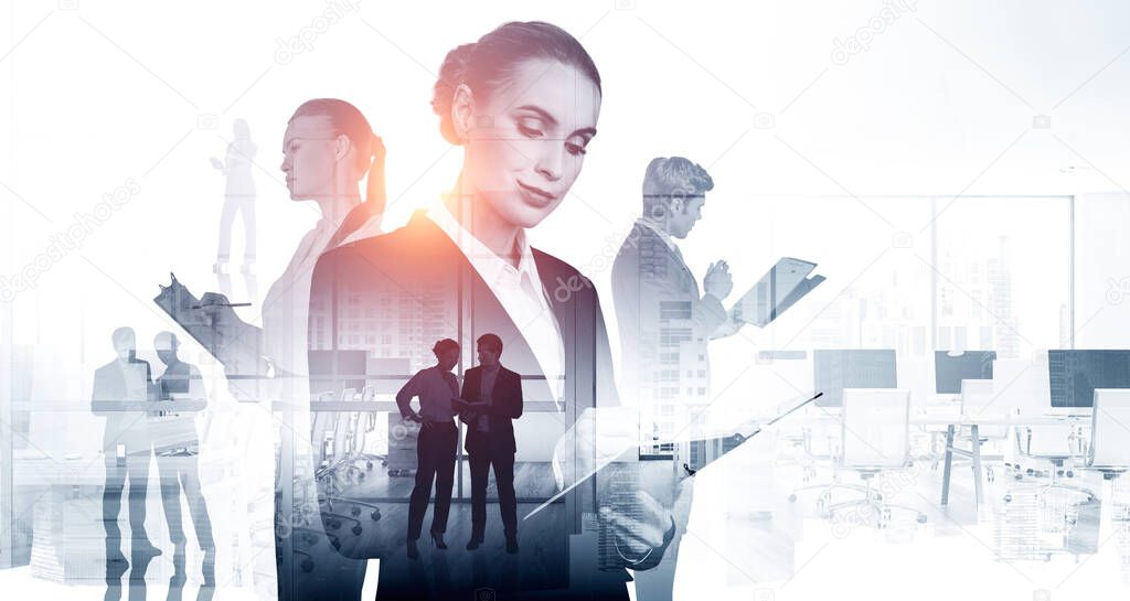 Silhouettes of business people who are working in panoramic office with documents. New York city view with downtown skyscrapers. Law firm and corporate lifestyle. Double exposure