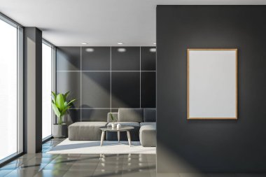 Boş maket posterleri, oturma odasındaki koyu gri duvarlı boşluklar. Kahve masalı gri kanepe, panoramik pencere. İç döşemesi siyah. 3d oluşturma