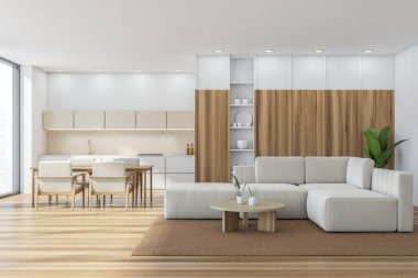 Açık bej mutfak iç kısmı oturma odasıyla. Panoramik pencerede dolap, koltuklu masa ve sehpalı kanepe. Beyaz raf, ahşap süs ve zemin. 3d oluşturma