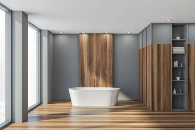 Otelin banyosu için iç mekan. Panoramik pencereler. Ahşap dolap, açık oyuk, arka duvar paneli ve zemin. Beyaz küvet. Gri duvarlar, raflar ve beyaz tavanlar. 3d oluşturma