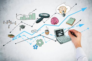 İş adamı el ele verip beton sunum duvarına eğitim simgeleri çiziyor. Yükselme ve lisansüstü eğitim düzeyi için yeni fikirler kavramı, yüksek lisans.