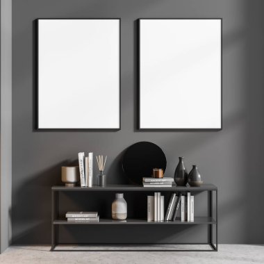 İki boş model poster ve gri duvarda koyu gri kitaplık. Oturma odası iç eşyaları. Beton döşeme. 3d oluşturma