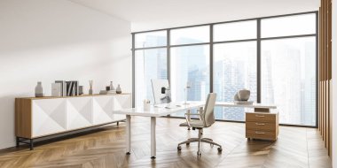 Büfe, geniş masa, modern ped, çekmece, ofis sandalyesi ve ahşap dolapla bej ofis girişinin köşesinden panoramik manzara. Parke döşeme. 3d oluşturma