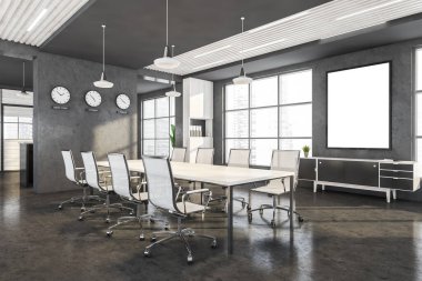 Beton ve koyu gri süslemeleri olan panoramik ofisin köşesi. Dolaplı duvarlar, saatler. Sandalyeli masa ve beyaz tahtanın altında ofis tuvaleti. 3d oluşturma