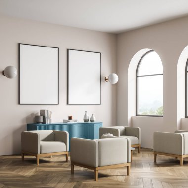 İçi mavi büfeden bej. Yukarıdaki duvarda iki pankart ve iki küresel beyaz lamba. İki kemerli pencere. Kahve masasını çevreleyen dört kolluk. Parke döşeme. Model yap. 3d oluşturma