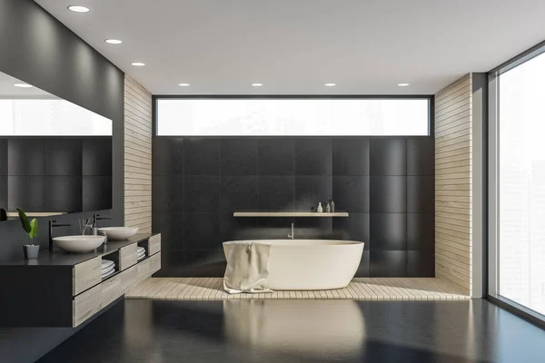 米色浴室和木制装饰在黑色反映浴室内部 框框狭窄的窗户 有两个水槽的绘图机 在墙上的镜子映衬着全景城市的景色 大理石地板 3D渲染 — 图库照片