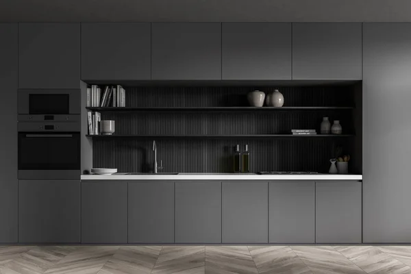 Vista Frontale Interna Del Mobile Cucina Grigio Scuro Con Originale — Foto Stock