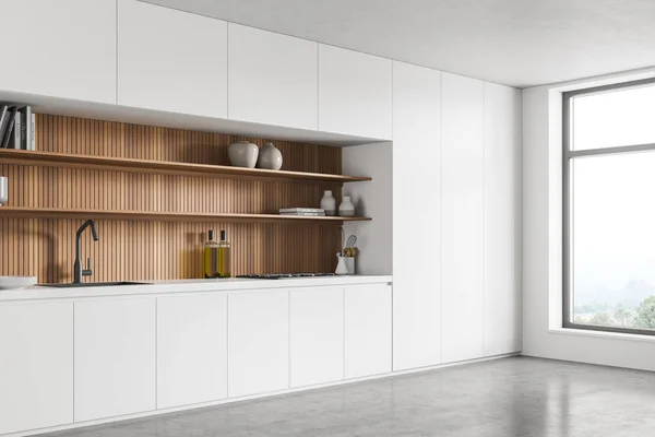 Interior Cozinha Branca Com Canto Quarto Janela Panorâmica Forro Prateleiras — Fotografia de Stock