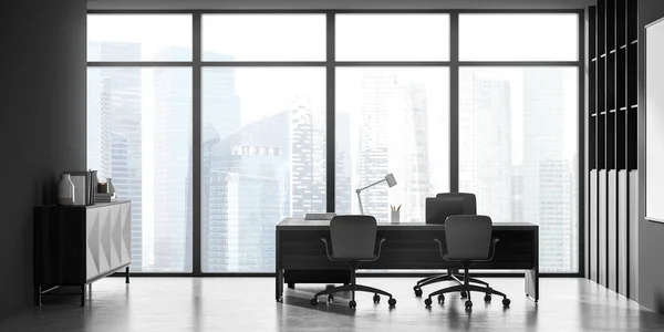 Front View Panoramic Dark Grey Office Premise Desk Three Office — Stock Photo, Image