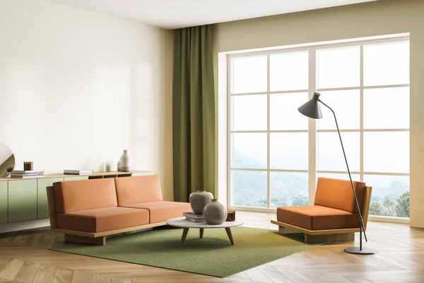 Corner of living room with orange sofas. Coffee table beside love seat and lamp. Pistachio shelf, carpet and drapes. Panoramic interior with picturesque scenery. Light yellow walls. 3d rendering