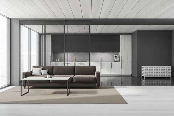 Wohnzimmer Mit Küche Dahinter Und Braunem Sofa Mit Couchtisch Den — Stockfoto