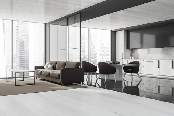 Living Room Kitchen Interior Sliding Doors Brown Sofa Chairs Panoramic — Stock Photo, Image