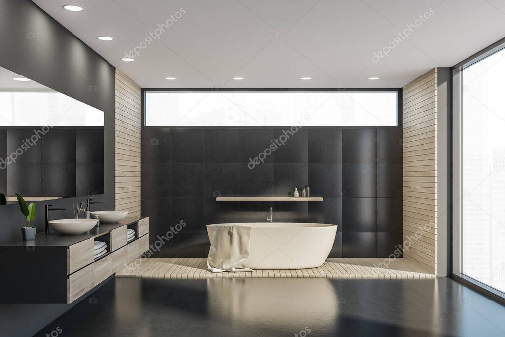 Beige bath and wooden decoration in black reflecting bathroom interior. Framed narrow window. Drawers with two sinks, mirror on the wall against the panoramic city view. Marble flooring. 3d rendering