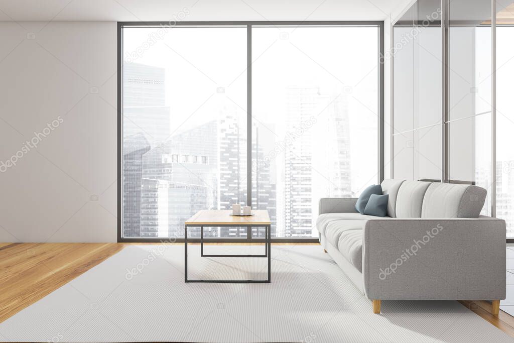 Panoramic living room. Side view with the grey sofa and carpet. Wooden flooring and top of the coffee table. White light interior with the glass wall on the right. 3d rendering
