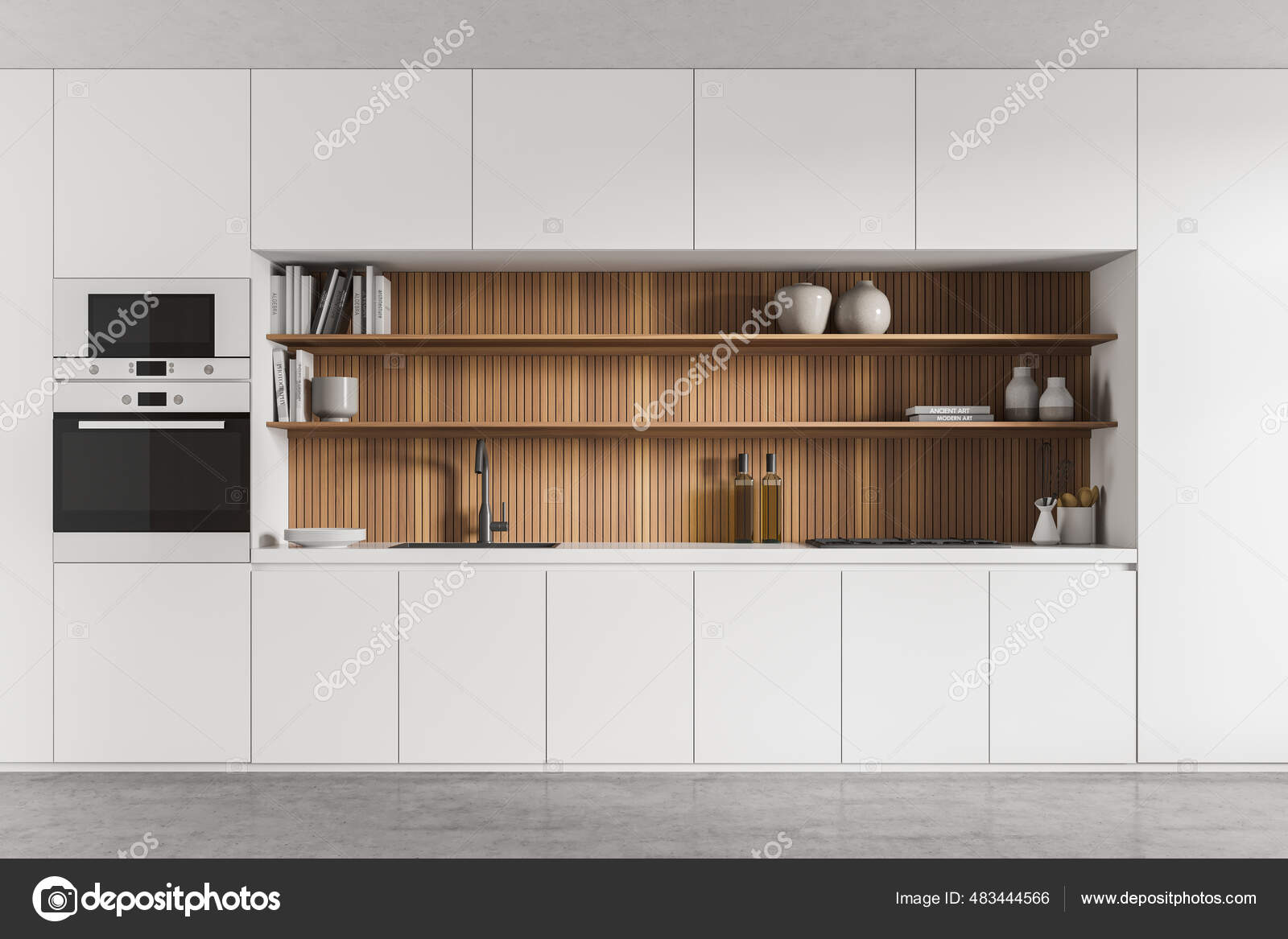 White Kitchen Wooden Open Shelves Splashback Interior Front View