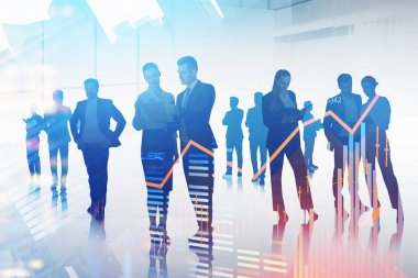 İş adamı ve iş kadını notlara bakıyor. İş adamları siluetleri ve borsa grafiği değişiklikleri, şamdanlar ve finansal alıntılar. Mali analiz kavramı