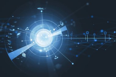 Yörünge çizgilerine sahip açık mavi ve beyaz parlayan küre, dış uzaya sinyaller gönderiyor. Koyu mavi arka plan. Holografik efektler. 3d oluşturma