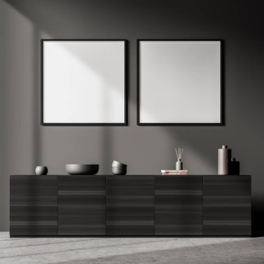 Bekleme odasının iç tarafındaki gri duvarda iki kare boş beyaz pankart ve koyu ahşap büfe. Dekor vazoları ve kitaplar. Beton zemin. Modelleme. 3d oluşturma