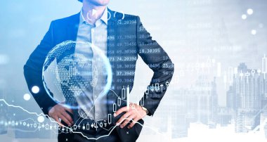 Kendine güvenen işadamı el ele tutuşup yatırımcı arıyor iş çözümleri arıyor, New York gökdelen şehri manzaralı. İş geliştirme konsepti. Çift pozlama