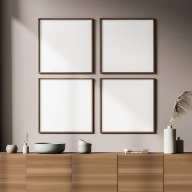 Kahverengi iç kısımda dört eşit kare boş beyaz pankart. Yüzeyinde vazolar ve kitaplar olan ahşap büfe. Duvarın tasarımında açık renk gölgesi var. Modelleme. 3d oluşturma