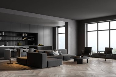 Oturma odasının köşesinde panoramik pencereler ve masalı mutfak alanı var. Kare kaplamalı ve açık raflı. Gri tavanlar, duvarlar ve dolap. Parke döşeme. 3d oluşturma